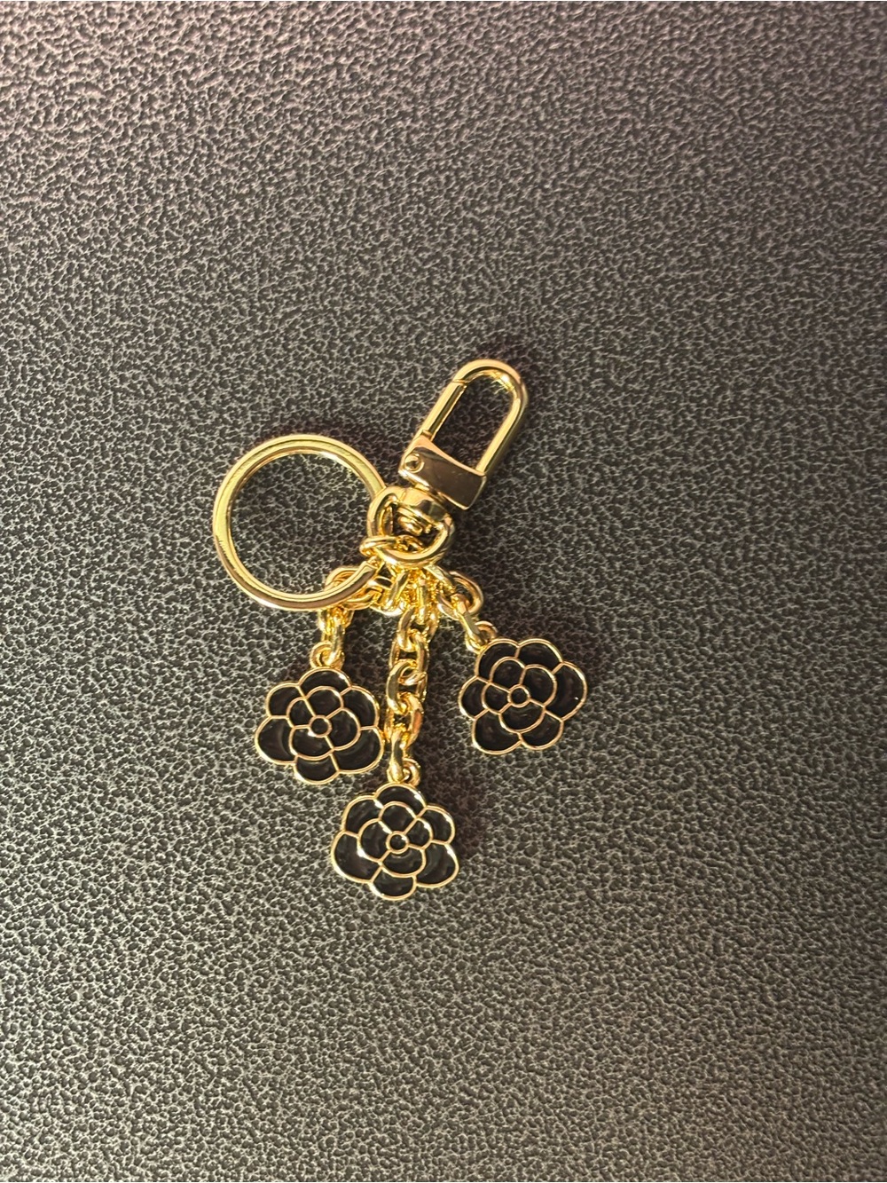 Gold Floral Charm Key & Purse Charm with Black Enamel Accents